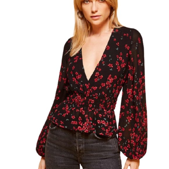 Reformation Tops - Reformation Farrow Top in Oracle Floral - Size Small - Sheer, Balloon Sleeve